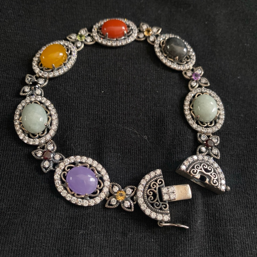 Jade Of Yesteryear Sterling And Multi Stone Clasp Bracelet, Nwot